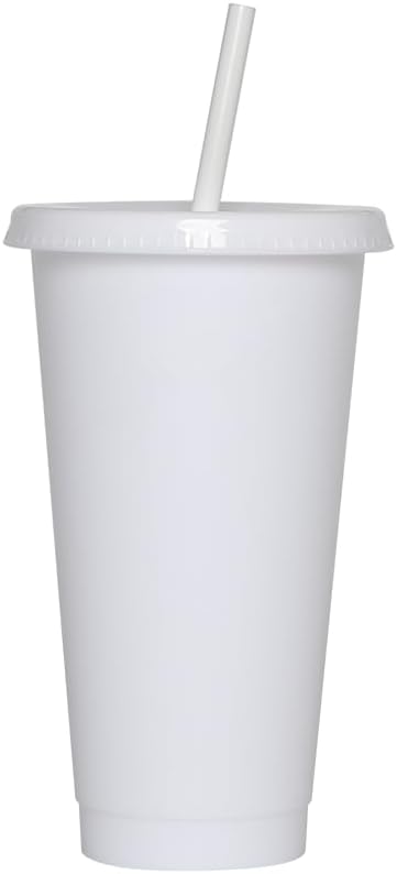 24 oz Plastic Cups With Lids and Straws, Sturdy & Food-Safe Iced Coffee Cups With Lid, Plastic Tumbler Reusable, Drinking Cups for Cold Drinks, Milkshakes, Smoothies - White(12 Sets) - Image 8