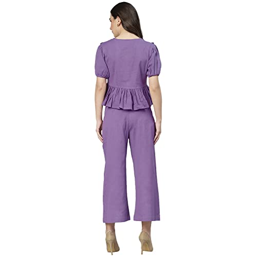 Image of DEEBACO Women's Solid Calf Length Top with Trouser|V-Neck|Short Sleeve|Cord Set for Women Cotton|Jumpsuits Western Dress for Women Stylish|Two Piece Co ord Set|Party Casual Wear(Aqua Blue)