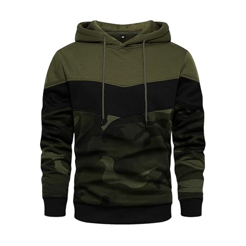 Camo Hoodie Men Color Block Casual Loose Fit Sweatshirts Heavyweight Fleece Lined Pullover Sweatshirt