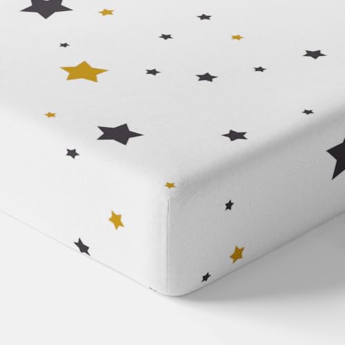 Image of LORETO - A QUALITY LINEN BRAND 210 TC 100% Pure Cotton Double /Queen Fitted Bedsheet with 2 Pillow Covers for 78 x 60 Inch Mattress, All-Around Elastic, 8 Inch Deep Pocket, Black & Gold Stars