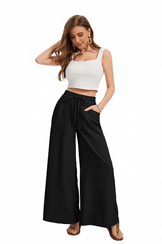 Image of KICZOY Women Flowy Pants Drawstring Waist Wide Leg Palazzo Beach Pants Loose Fit with Pockets