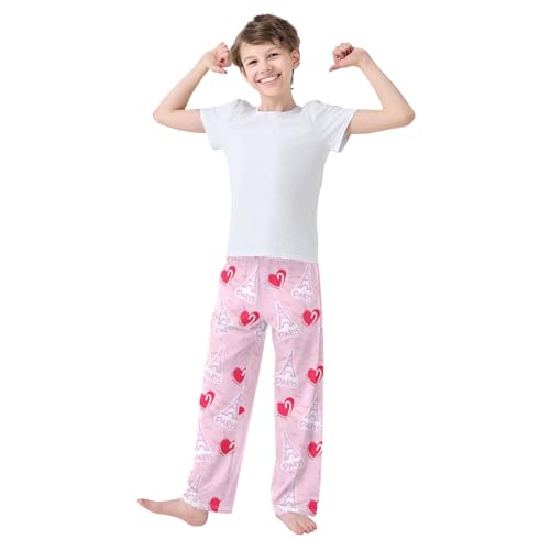 Eiffel Tower and Love Heart Boys Long Pants Soft Trousers Elastic Waist Kids Lounge Bottoms with Pockets S-XL2