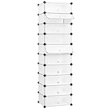 SONGMICS Scarpiera a 10 Scomparti, Scaffale Componibile in Plastica, Armadietto Portascarpe Fai da Te con Ante e Martelletto, Mobiletto Porta Scarpe, Bianco LPC10W