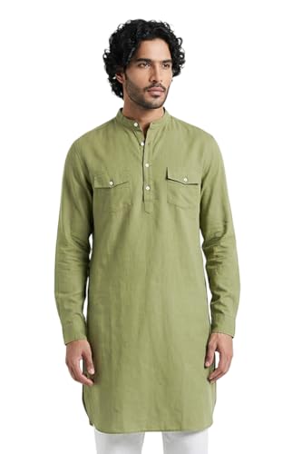 Image of SNITCH Men Casual Kurta Shirt | Regular Fit Full Sleeve Mandarin Collar Solid Pattern | Premium Cotton Linen Blend & Breathable Fabric for Festive Season & Holiday Wear