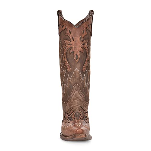 Circle G LADIES LD CHOCOLATE/COGNAC OVERLAY & EMBROIDERY WING TIP, SNIP TOE, LEATHER Sole, 13" Shaft, COWHIDE Leather, WESTERN BOOT, CHOCOLATE/COGNAC L6031 Size 62