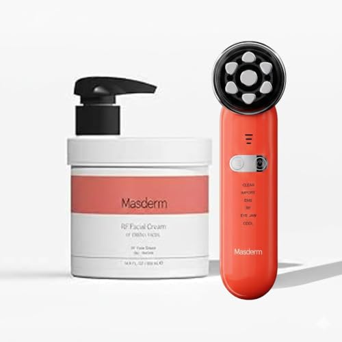 RF Tratamiento Facial Antiedad y Reafirmante MASDERM – Masajeador Eléctrico 7 en 1 con Radiofrecuencia y LED + Crema Facial 500 ml con Ácido Hialurónico y Colágeno para Efecto Lifting en Cara y Cuello