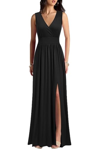 WOOSEA Women Sleeveless Deep V Neck Split Loose Sexy Plain Long Maxi Casual Dress