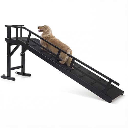 Dog Ramp for Bed or Couch, Wooden Pet Ramp with 20° Gentle Slope, Removable Side Rails, Non-Slip Surface, Top Platform & Wheels, Safe Bed Ramp for Small, Medium & Senior Dogs, 74' Long, Black