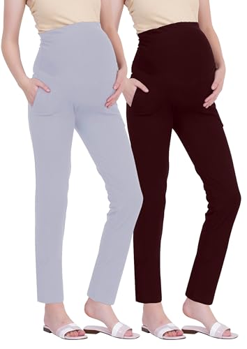 Image of Women's Maternity Leggings with Pockets - Comfortable, High Waist Support and Stretchable Pants for Pregnancy - Pack of 2