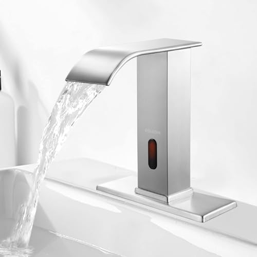 CDLODIN Touchless Bathroom Faucet Automatic Bathroom Sink Faucet with Sensor, Control Box and Temperature Mixer and Hole Cover Plate, Brushed Nickel