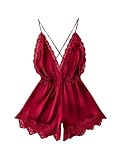 BEAUDRM Women's Criss Cross Backless Cami Romper Sleeveless Lace Trim Satin Sleep Pajama Loungewear Red Medium