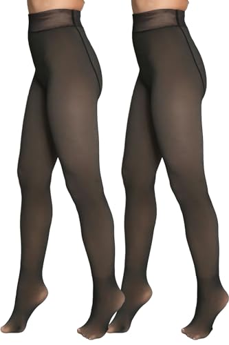 Image of LA12ST Women's Fake Translucent Warm Pantyhose Fleece Lined 200D Tights 2 Pairs Opaque High Waisted with Control Shaper Thick Tights