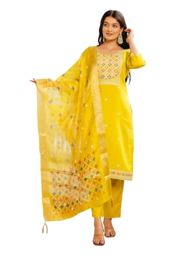 Kurta brodé en soie mélangée avec pantalon et dupatta tenue ethnique femme