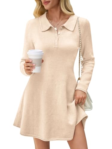 Saodimallsu Womens A Line Mini Sweater Dress Polo Fall Button V Neck Collared Long Sleeve Preppy Knit Dresses