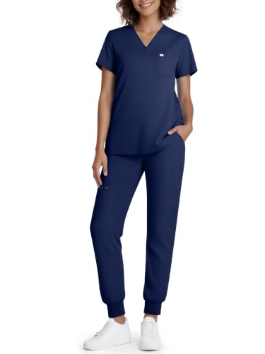Eadflie Women Medical Scrub Set V-Neck Top & Jogger Pants 5 Pockets - (Navy Blue/L)