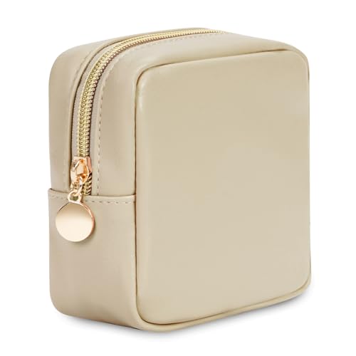 Kleine Kosmetiktasche Schminktasche Klein für Handtasche Mini Make Up Tasche Damen PU Leder Tragbare Makeup Bag mit Reißverschluss, Beige (Patent Angemeldet)