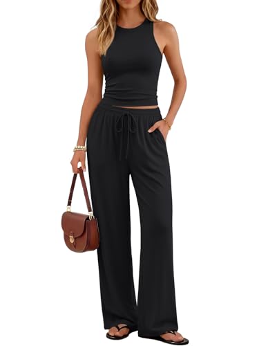 Trendy Queen Womens 2 Piece Summer Lounge Sets Butter Soft Tank Top & High Waisted Wide Leg Pants with Pockets Black Medium