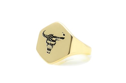 Bague unisexe hexagonale avec gravure tête de vache et taureau