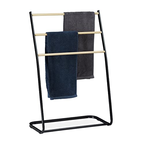 Relaxdays Toallero de Pie para Baño, 3 Barras Efecto Madera, Soporte Toallas y Ropa, Hierro, 1 Ud, 86x58x30 cm, Negro, 86 x 58 x 30 cm