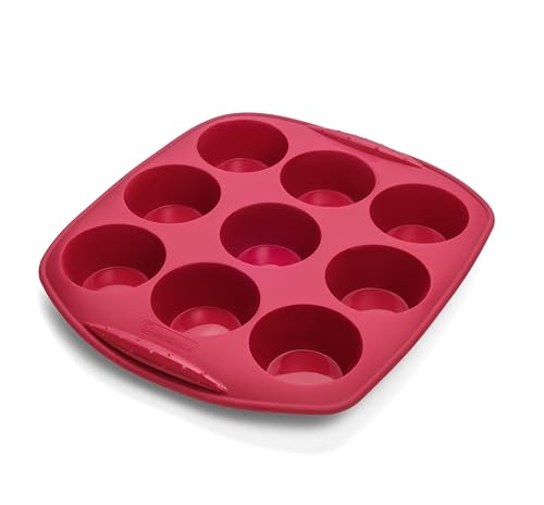 Backhaus Stampo Muffin in Silicone Platino LFGB, 9 Cavità Ø7 cm, Antiaderente con Manici Ergonomici, per Forno e Lavastoviglie, Rosso
