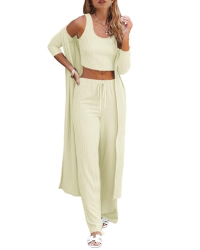 Image of Fessceruna Womens 3 Piece Lounge Pajamas Sets Cute Vacation Matching Set | Pj Sets, Airport Travel Outfits, Bedroom, Winter Fall Loungewear , Cotton, Christmas