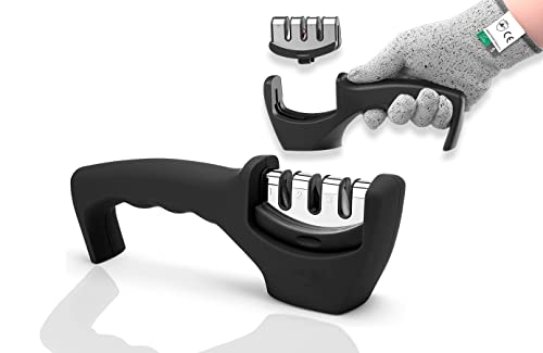 Afilador de cuchillos manual profesional para cuchillos de cocina, Afilador cerámico de 3 Etapas Base Antideslizante - Afilado Rápido Cover