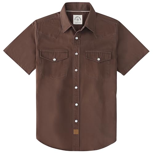 Dubinik Pearl Snap Western Shirt for Men Short Sleeve Durable Cotton Cowboy Work Shirt Brown