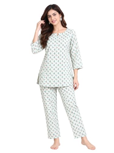 Image of 9shines Label Pure Cotton Printed Women Top & Pyjama Set | Pyjama co-ord Set | Night Suit | Lounge wear for Home | Nightwear Set for Women | Night Dress for Women Stylish (COPJ-5)