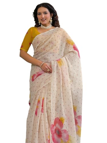 Image of SIRIL Women's Cotton Linen Printed Zari Border Saree with Unstitched Blouse Piece