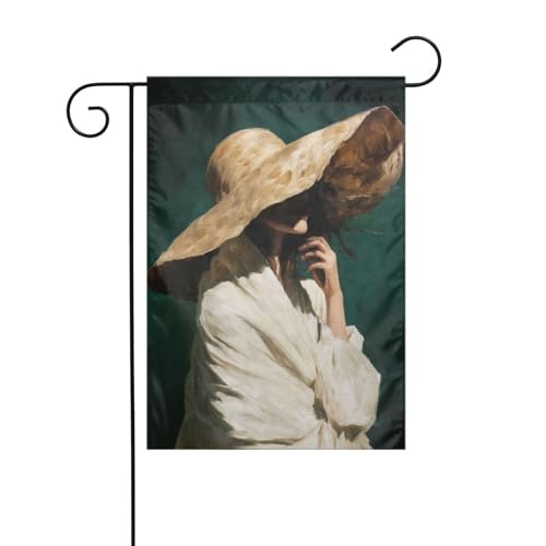 Woman Large Straw Hat Cover Face Garden Flag 12x18 Vertical Double Sided Farmhouse Holiday Outside Decorations Yard Flag