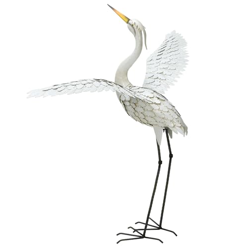 Image of Darthome Extra Large Metal Heron Garden Ornament, White, Distressed Finish, Wings Spread Bird Statue, 123cm, Indoor/Outdoor Decor
