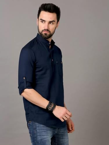 Image of DEEMOON Men's Cotton Blend Full Sleeve Short Kurta with Mandarin Collar Crafted from a Premium Cotton Blend
