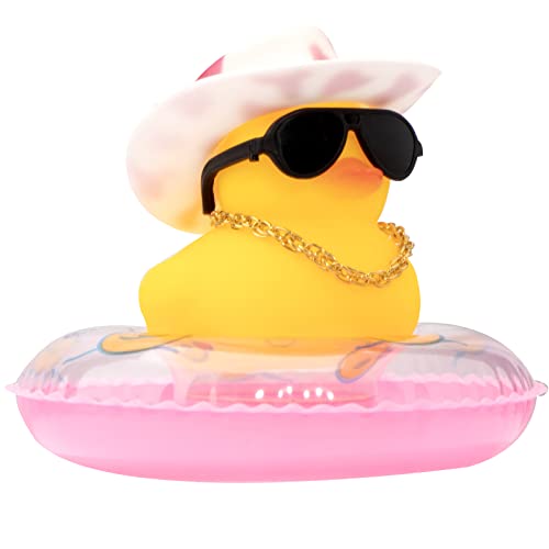 Image of wonuu Car Rubber Duck, Yellow Duck Decoration Dashboard with Sun Hat Swim Ring Necklace Sunglasses for Car Dashboard Decorations, Pink White Cowboy hat-Pink