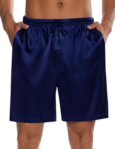 SWOMOG Men's 3 Pack Satin Pajama Shorts Silk Pajama Boxer Lounge Sleep Bottoms Button Fly with Pockets & Drawstring2