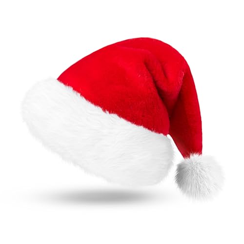 Image of JOYIN Giggling Getup Christmas Hat Premium Santa Hat Plush Red Velvet Christmas Hats with Pom Poms, One Size Fits All for Adult and kids for Xmas Party Gift