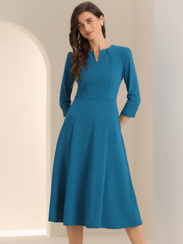 Image of Allegra K Womens 3 /4 Sleeve A-Line Business Work Formal Midi Dress | Elegant Dresses with Pockets, V Neck, Cockatail Party Church Funeral Outfits, Spring Fall Winter