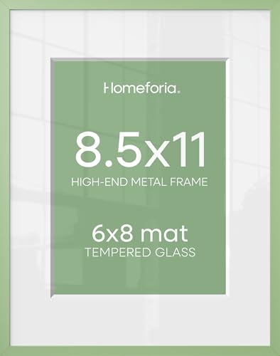 Image of Homeforia 8.5x11 Sage Green Frame, High End Metal 8.5 x 11 Picture Frames with Mat 6 by 8 inch Photo, 11x8.5 Poster Frame Matted to 6x8 Art, Wall or Tabletop Frames, Tempered Glass, Wall Kit, Set of 2