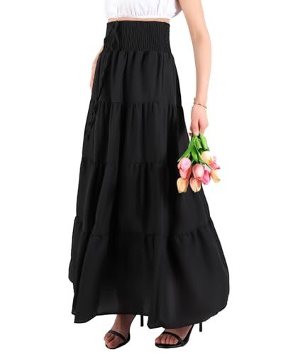 MYSSUCI Lang Rock Damen Sommer Chiffon Bohemian Maxirock Elastischer Sommerrock mit hoher Taille Einfarbig Strandkleid (Schwarz, XL)
