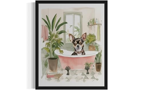 Image of Chihuahua in Bathtub Black Framed Wall Art Poster Print, Animal Bathtub Restroom Wall Art Painting for Bathroom Decor Gallery Gallery 30 (Chihuahua in Bathtub, 24 inch L x 18 inch W, Black Frame)
