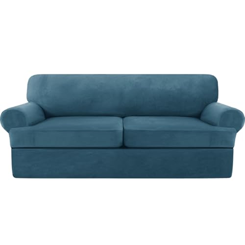 T-Shape Cushion Sofa Cover, 3 Piece Velvet Couch Cover for 2 Cushion Couch Loveseat Cover with 2 Individual T-Shape Cushion Covers Stretch Furniture Protector-Peacock Blue-2 Cushion Sofa