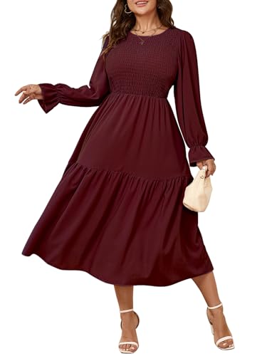 Image of SHESTARR Women's Plus Size Dress Long Sleeve Crewneck Smocked Tiered Flowy Boho Wedding Party Maxi Dresses