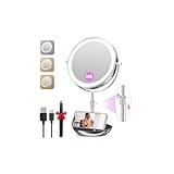 Auxmir 9" Large Lighted Makeup Mirror with Magnification, 1X/30X Double Sided Magnifying Mirror with Adjustable Height, Rechargeable Vanity Mirror with 3 Color Dimmable Lights, 360° Rotation