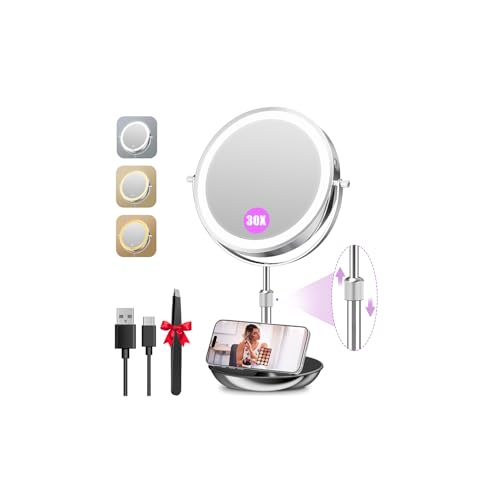 Auxmir 9' Large Lighted Makeup Mirror with Magnification, 1X/30X Double Sided Magnifying Mirror with Adjustable Height, Rechargeable Vanity Mirror with 3 Color Dimmable Lights, 360° Rotation