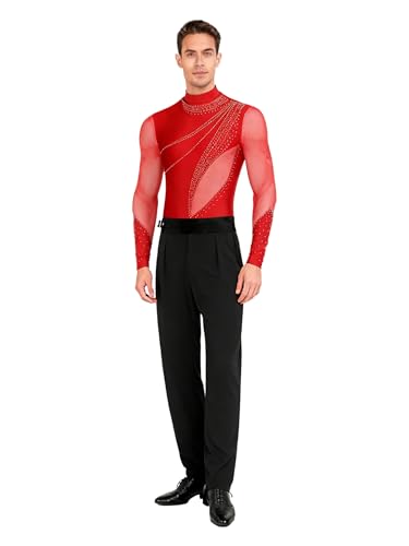 Kaerm - Kaerm Men's 2 Pieces Ballroom Dance Latin Outfit Mock Neck Rhinestone Figure Skating Bodysuit With Pants Red L