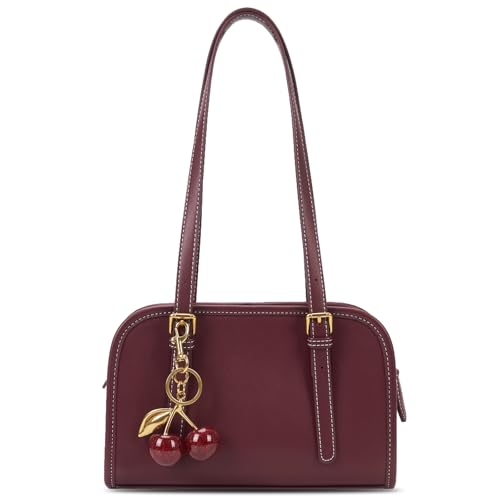 Shoulder Bag Red Purse for Women Leather Swing Bag Zip Handbag Burgundy Purse with Cherry Pendant