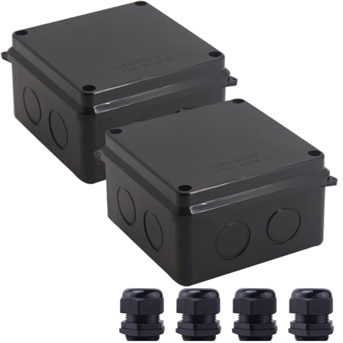 Image of Junction Box, 2 Pcs Reserved Holes Electrical Boxes Waterproof IP65 ABS Plastic Electrical Power Cord Enclosure Project Box Black 3.9 x 3.9 x 2.8 inch(100x100x70mm)