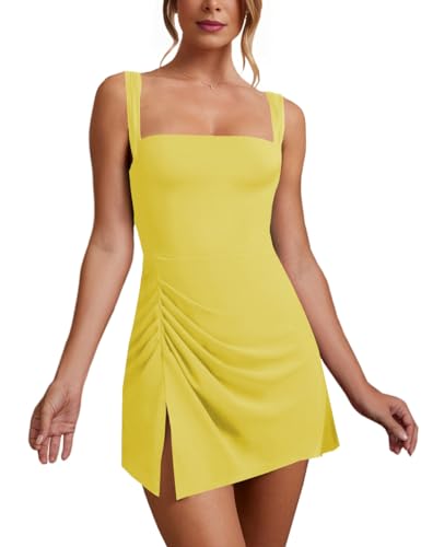 Image of Women's Sexy Sleeveless Square Neck Bodycon Ruched Split Party Club Mini Tank Short Dress