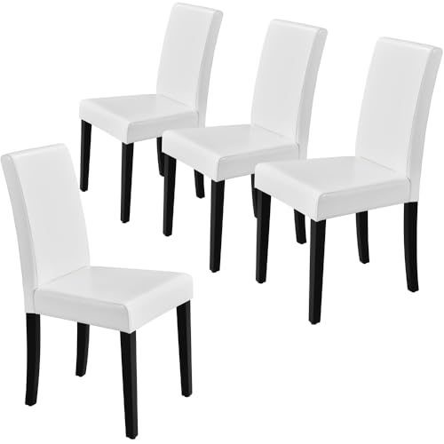 Image of Yaheetech Dining Chairs Set of 4 PU Leather Upholstered Parsons Dining Chairs with Solid Wood Legs for Kitchen /Living Room /Restaurant, Modern Style, White