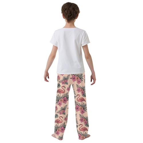 Flamingo Hibiscus Palm Leaves Boys Long Pants Soft Trousers Elastic Waist Kids Lounge Bottoms with Pockets S-XL3
