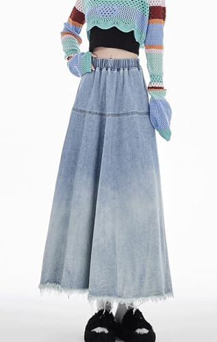 chouyatou Women's Distressed Elastic Waist Frayed Maxi Denim Skirt A Line Flared Pleated Long Jean Skirt4